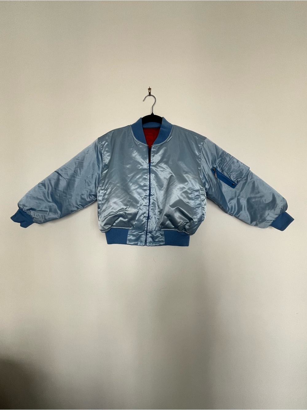 Light Blue Satin Bomber Jacket with Red Lining